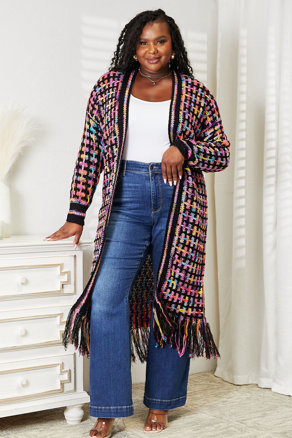 Double Take Full Size Multicolored Open Front Fringe Hem Cardigan - Admiresty