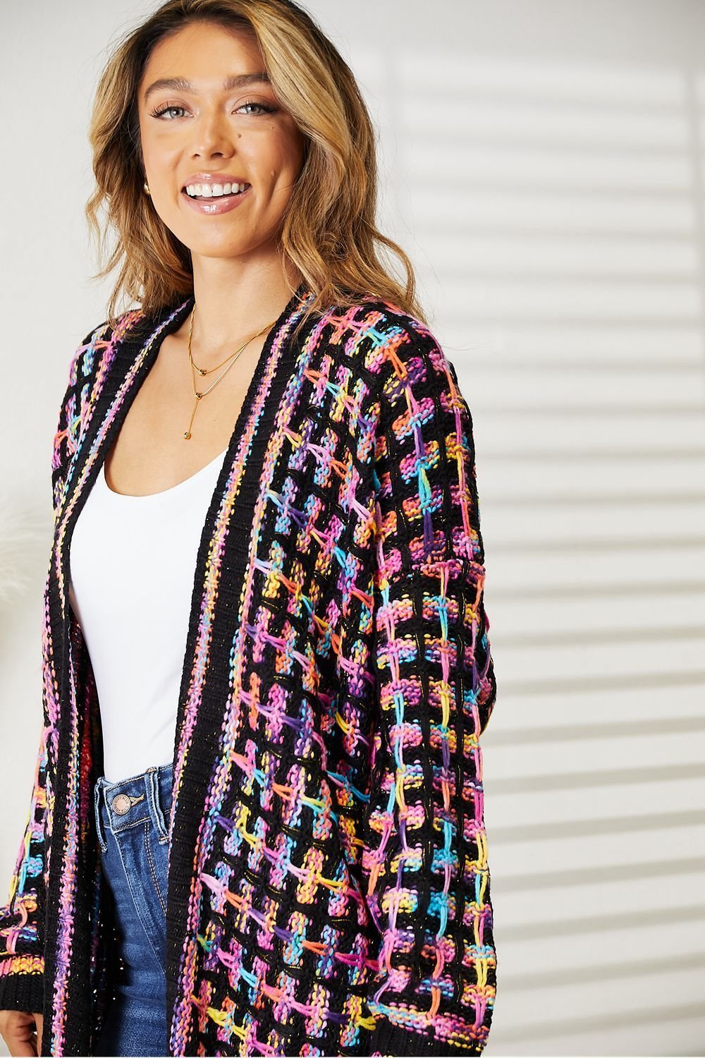 Double Take Full Size Multicolored Open Front Fringe Hem Cardigan - Admiresty