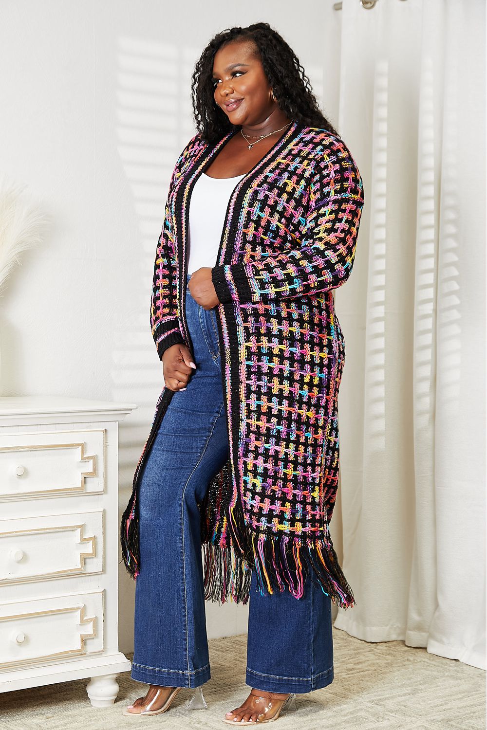 Double Take Full Size Multicolored Open Front Fringe Hem Cardigan - Admiresty