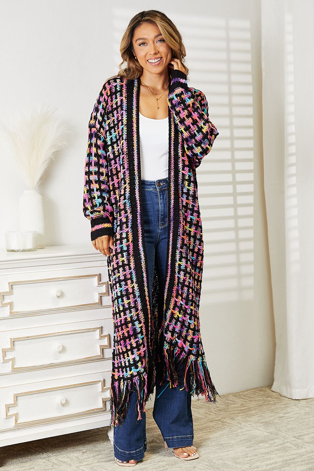 Double Take Full Size Multicolored Open Front Fringe Hem Cardigan - Admiresty