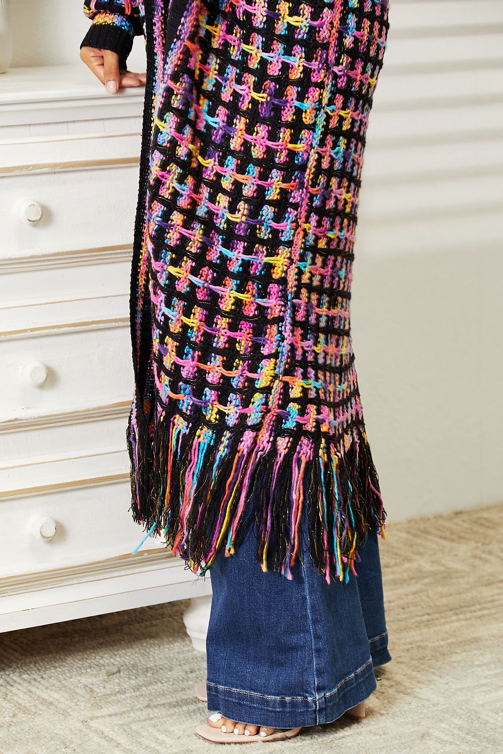 Double Take Full Size Multicolored Open Front Fringe Hem Cardigan - Admiresty