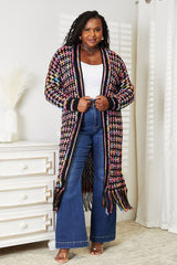 Double Take Full Size Multicolored Open Front Fringe Hem Cardigan - Admiresty