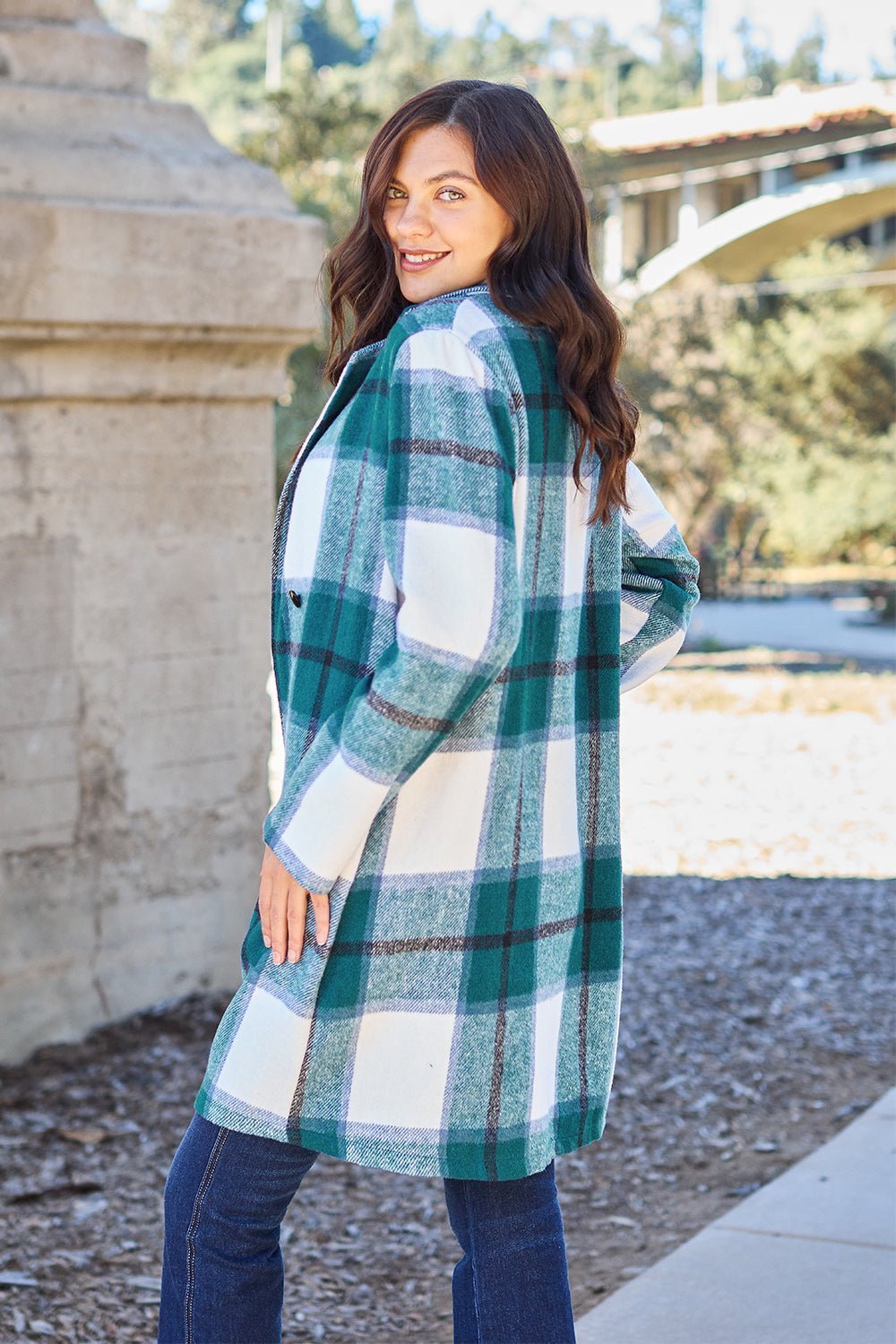 Double Take Full Size Plaid Button Up Lapel Collar Coat - Admiresty