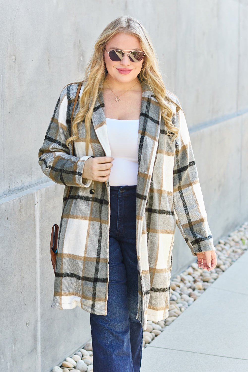 Double Take Full Size Plaid Button Up Lapel Collar Coat - Admiresty