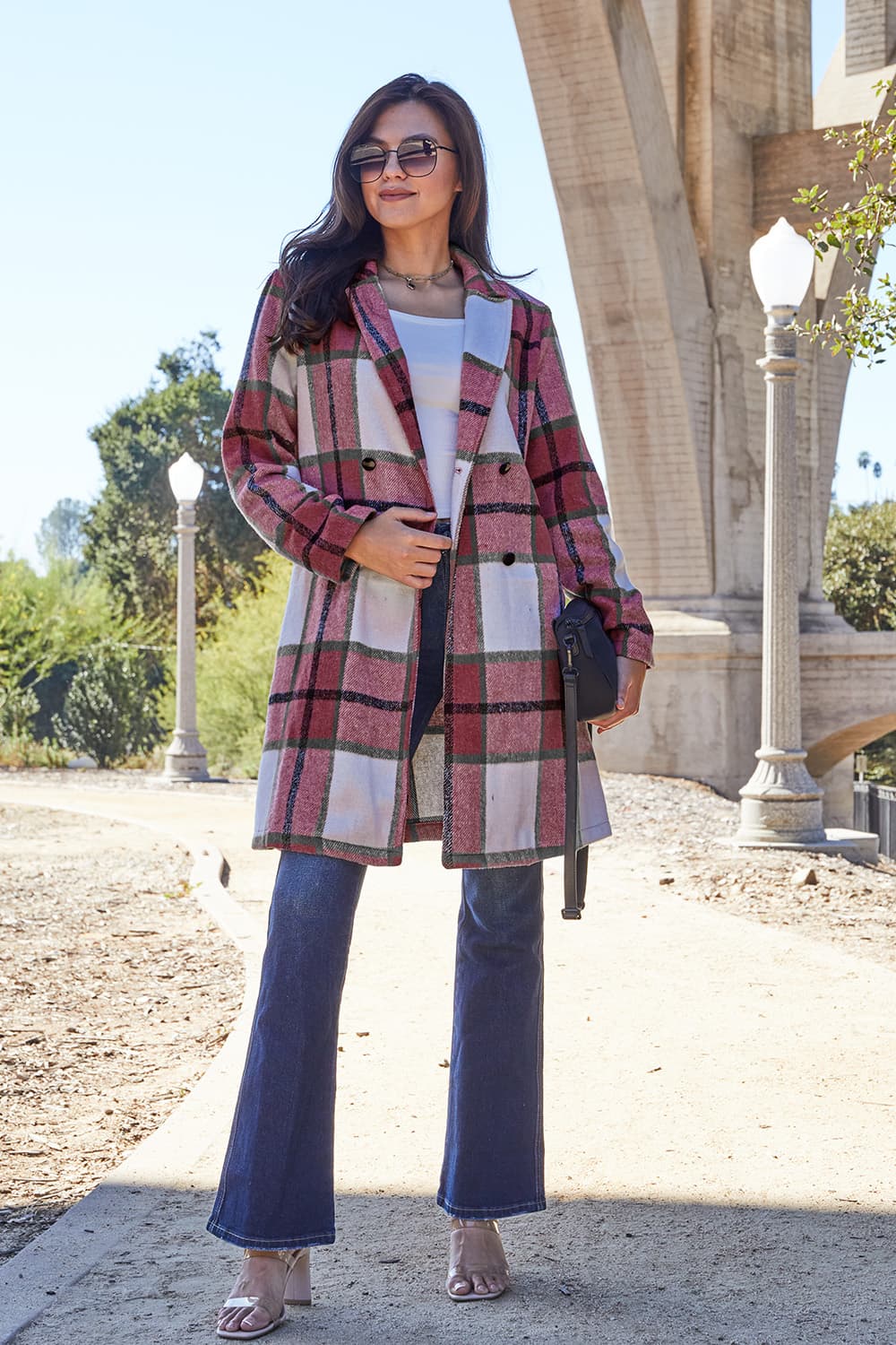 Double Take Full Size Plaid Button Up Lapel Collar Coat - Admiresty