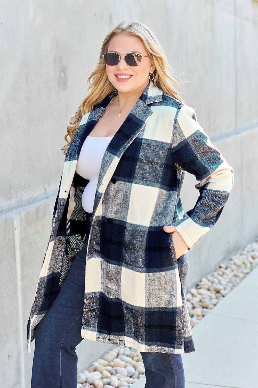 Double Take Full Size Plaid Button Up Lapel Collar Coat - Admiresty