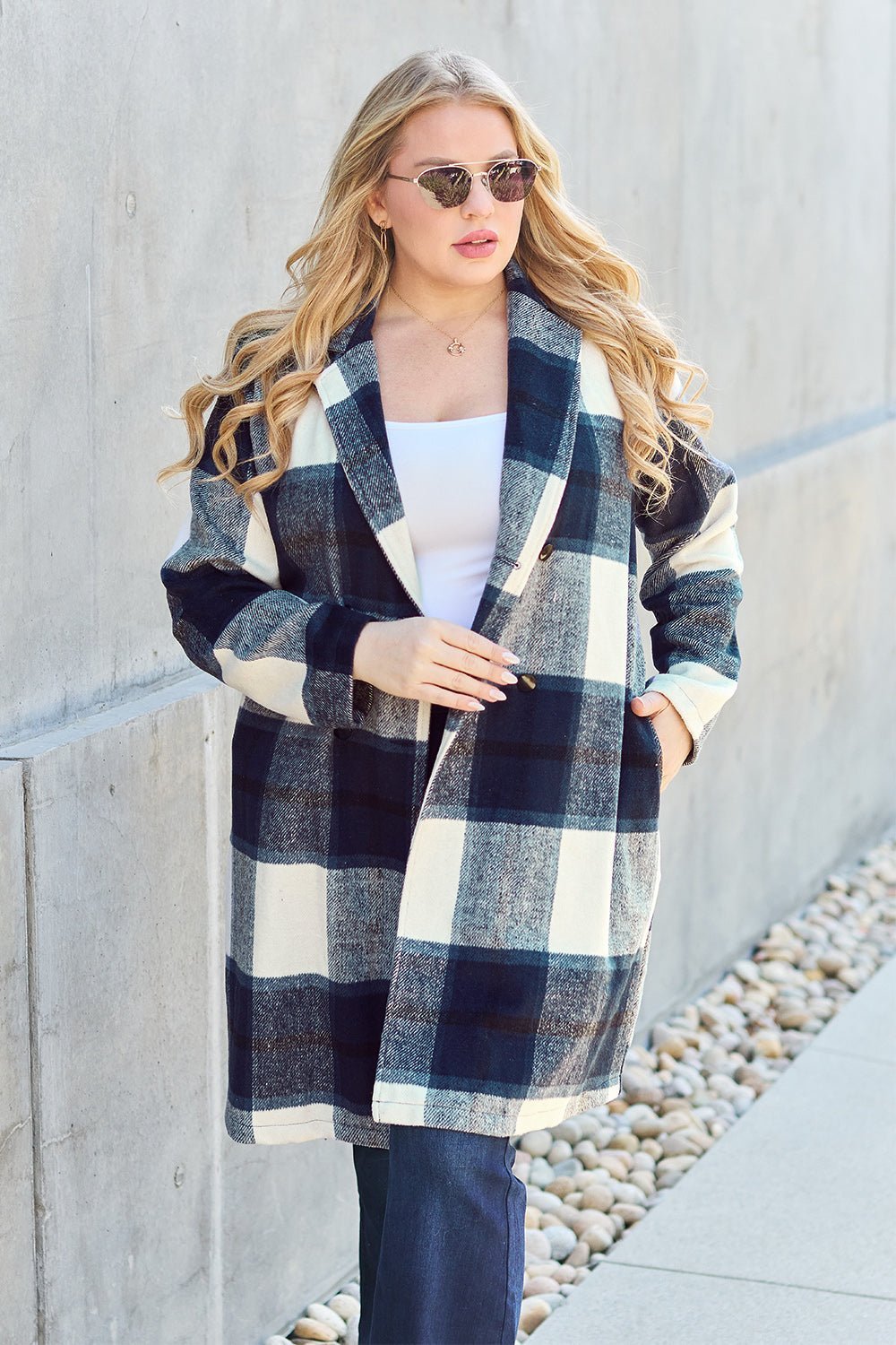 Double Take Full Size Plaid Button Up Lapel Collar Coat - Admiresty