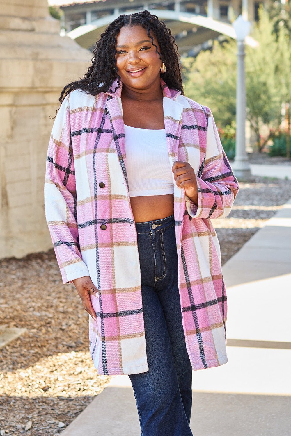 Double Take Full Size Plaid Button Up Lapel Collar Coat - Admiresty