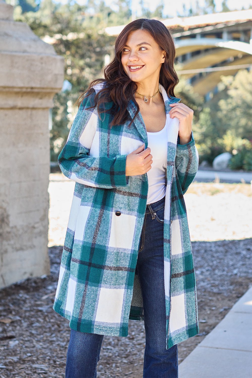 Double Take Full Size Plaid Button Up Lapel Collar Coat - Admiresty