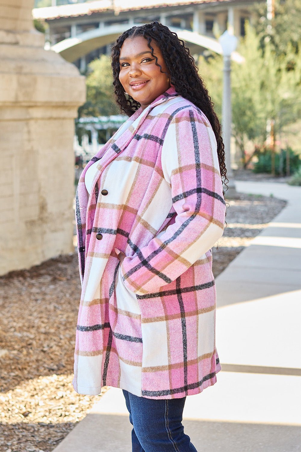 Double Take Full Size Plaid Button Up Lapel Collar Coat - Admiresty