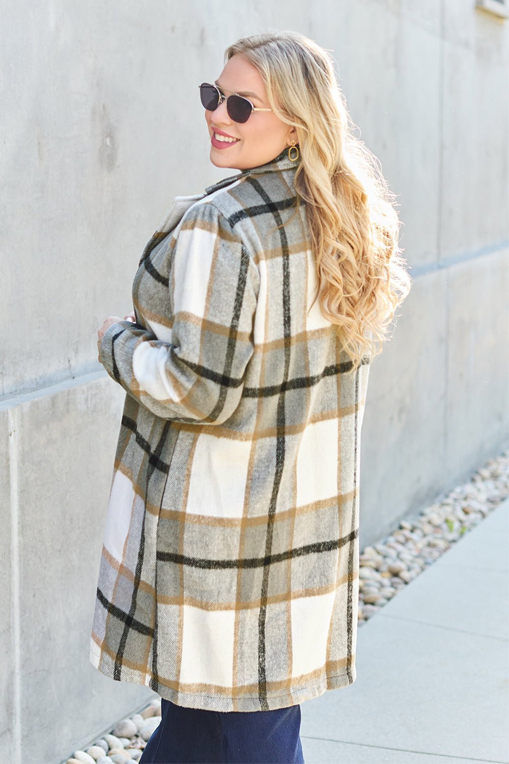 Double Take Full Size Plaid Button Up Lapel Collar Coat - Admiresty