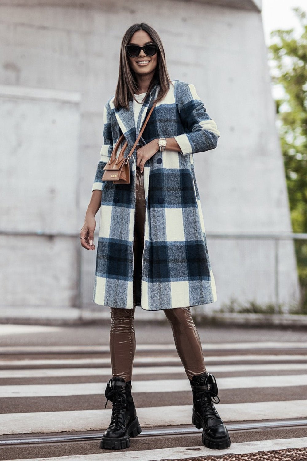 Double Take Full Size Plaid Button Up Lapel Collar Coat - Admiresty