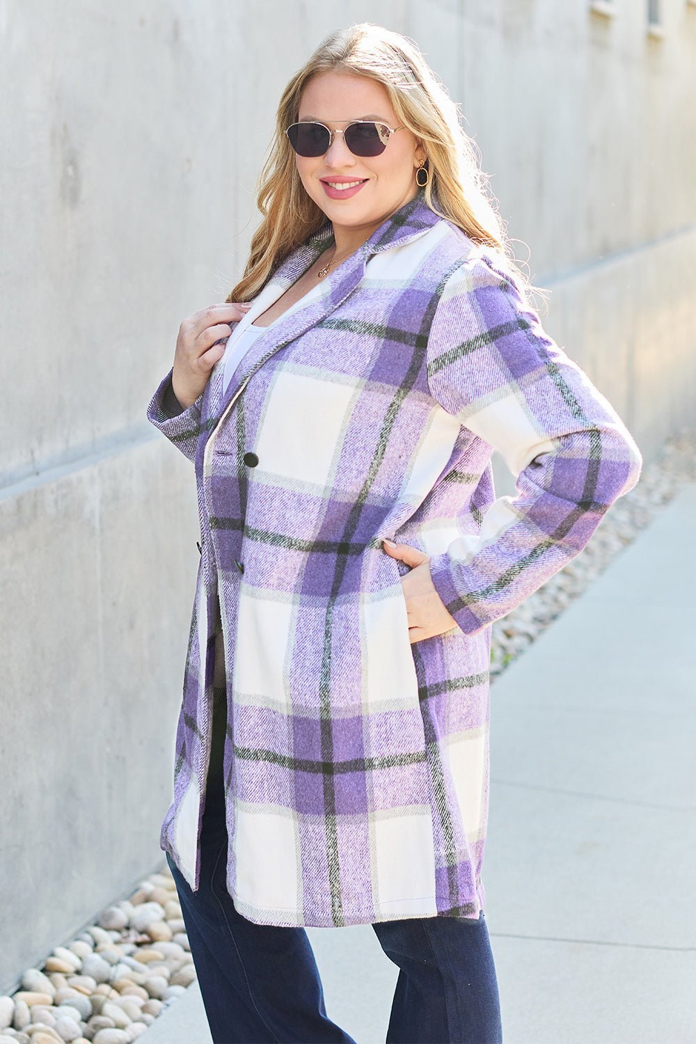 Double Take Full Size Plaid Button Up Lapel Collar Coat - Admiresty