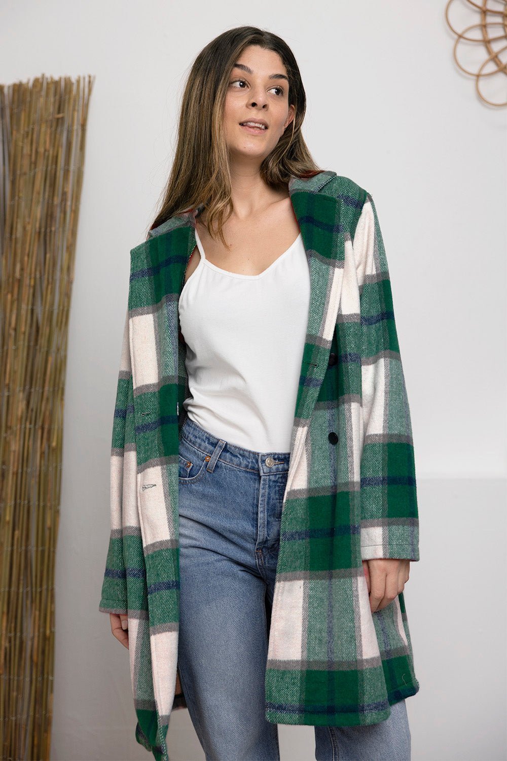 Double Take Full Size Plaid Button Up Lapel Collar Coat - Admiresty