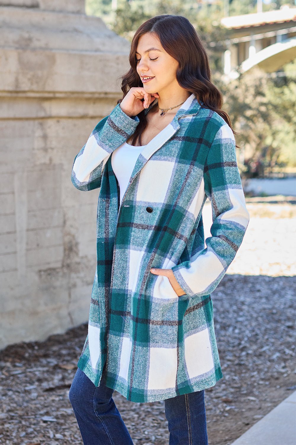 Double Take Full Size Plaid Button Up Lapel Collar Coat - Admiresty