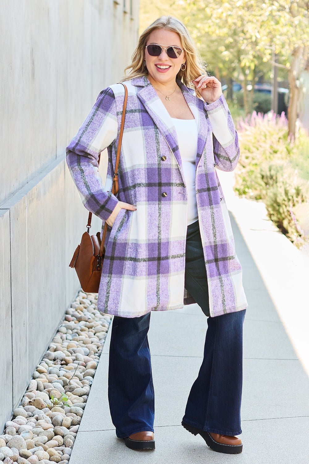 Double Take Full Size Plaid Button Up Lapel Collar Coat - Admiresty