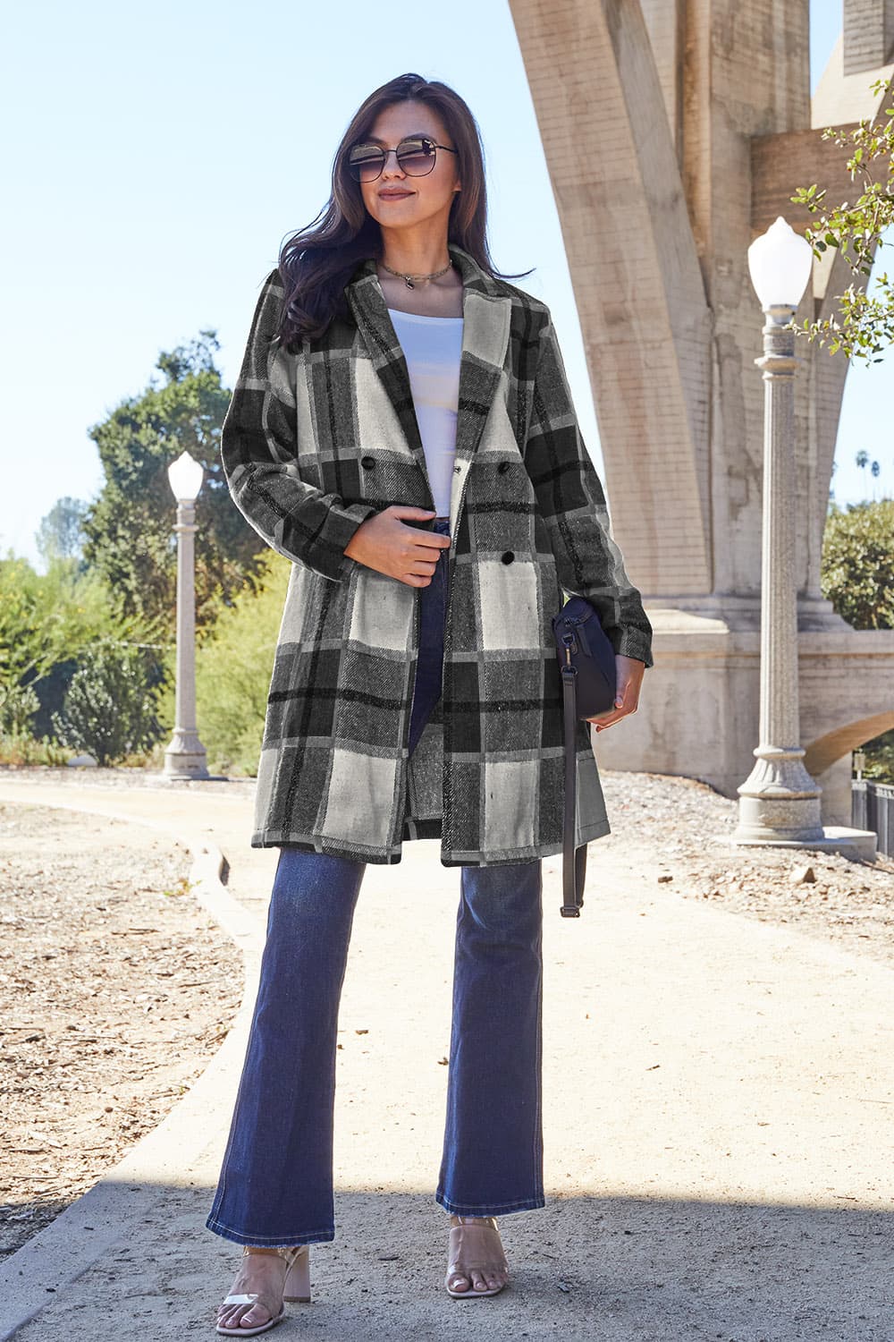 Double Take Full Size Plaid Button Up Lapel Collar Coat - Admiresty