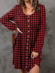 Double Take Full Size Plaid Round Neck Long Sleeve Magic Dress - Admiresty