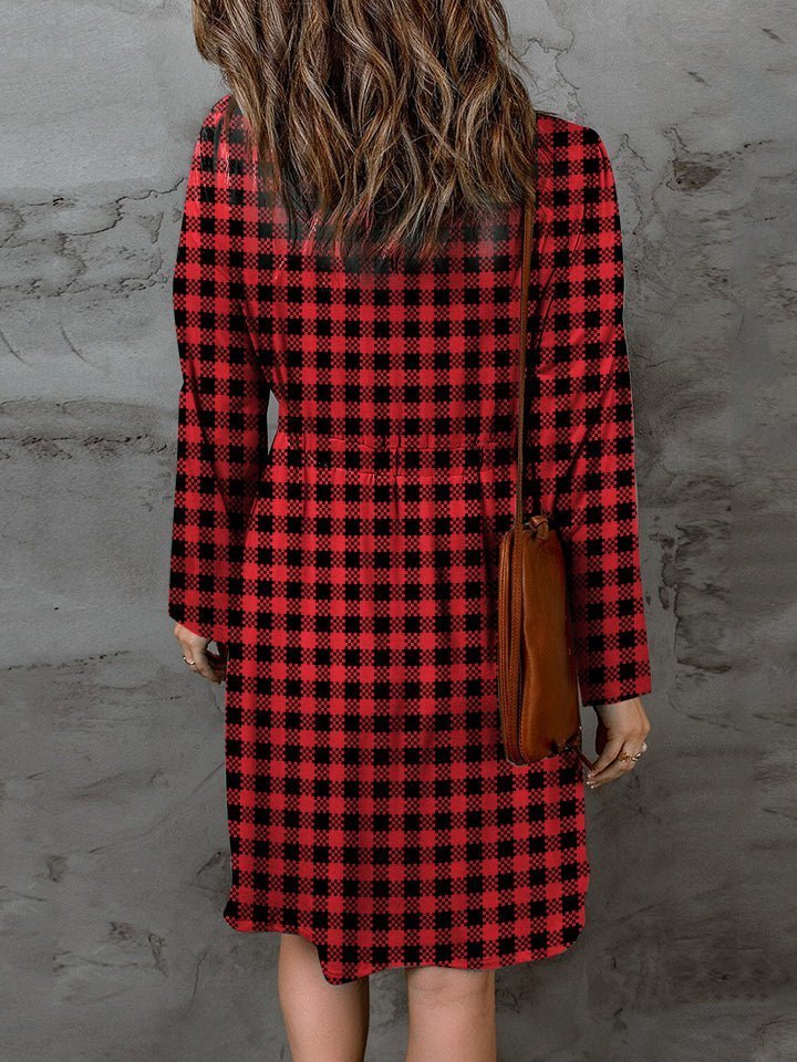 Double Take Full Size Plaid Round Neck Long Sleeve Magic Dress - Admiresty