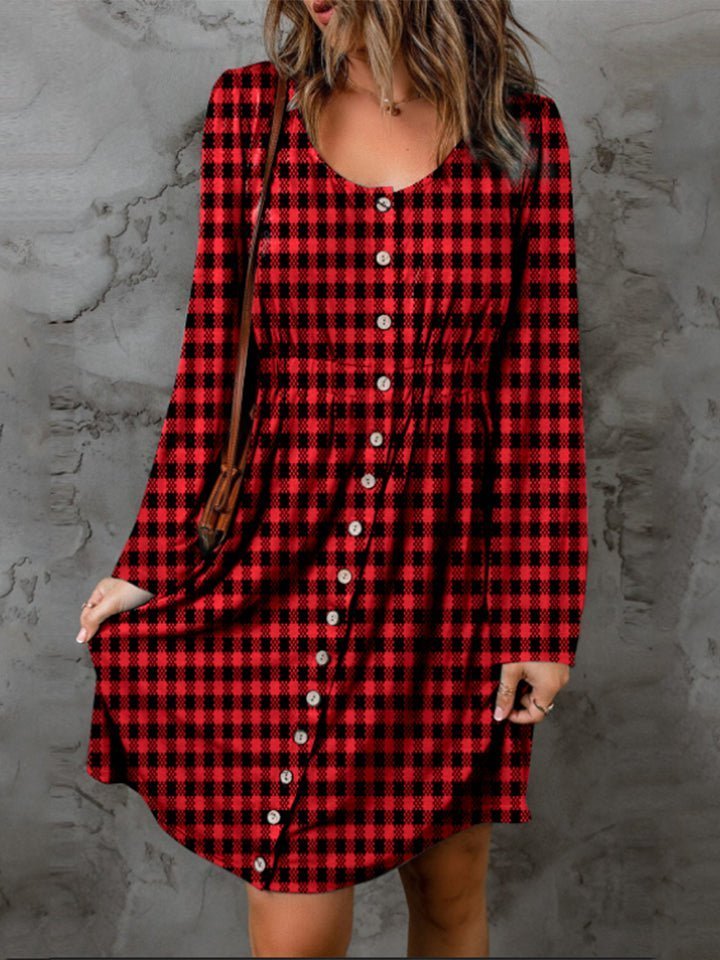 Double Take Full Size Plaid Round Neck Long Sleeve Magic Dress - Admiresty