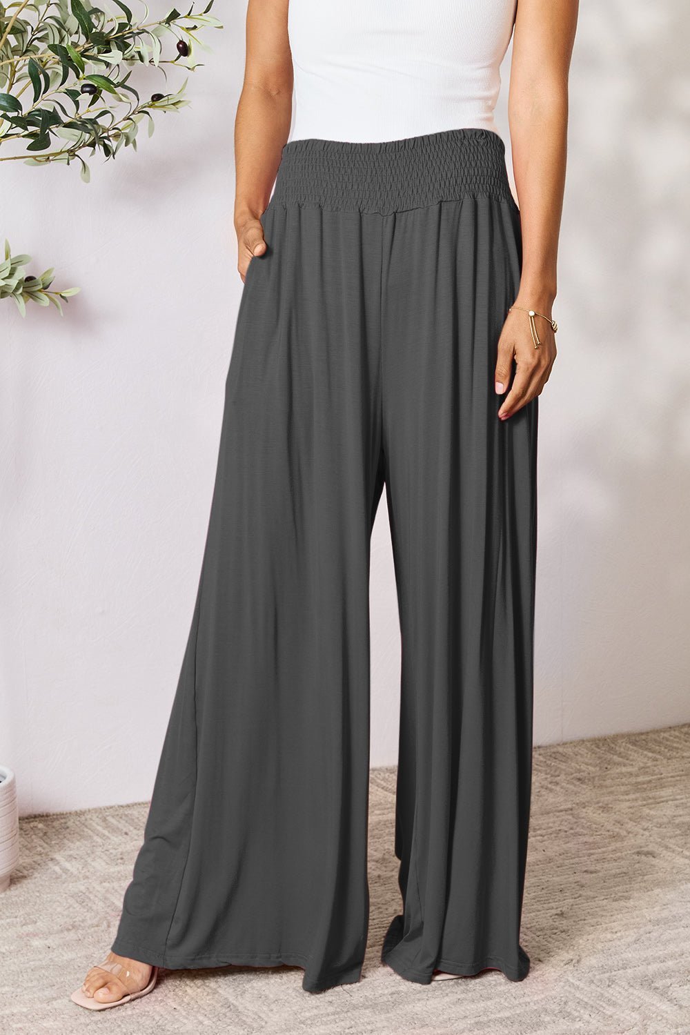 Double Take Full Size Smocked Wide Waistband Wide Leg Pants - Admiresty