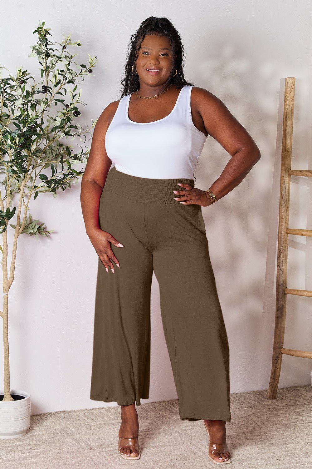 Double Take Full Size Smocked Wide Waistband Wide Leg Pants - Admiresty