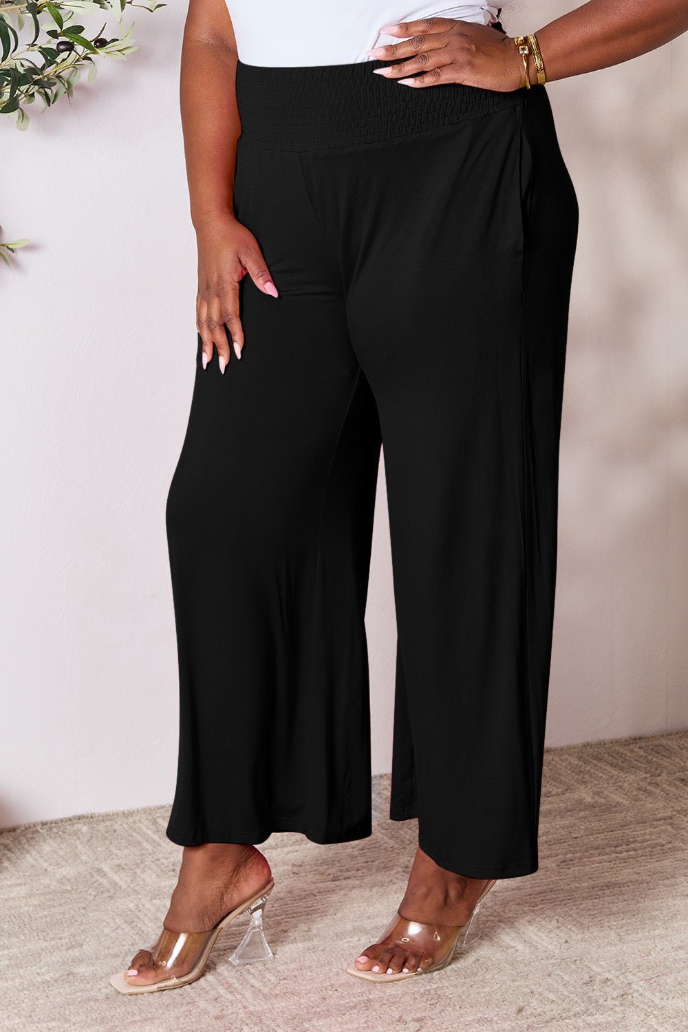 Double Take Full Size Smocked Wide Waistband Wide Leg Pants - Admiresty