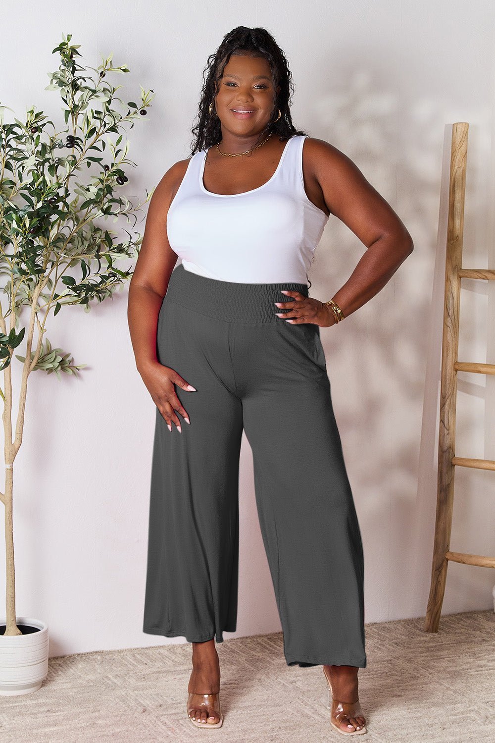 Double Take Full Size Smocked Wide Waistband Wide Leg Pants - Admiresty