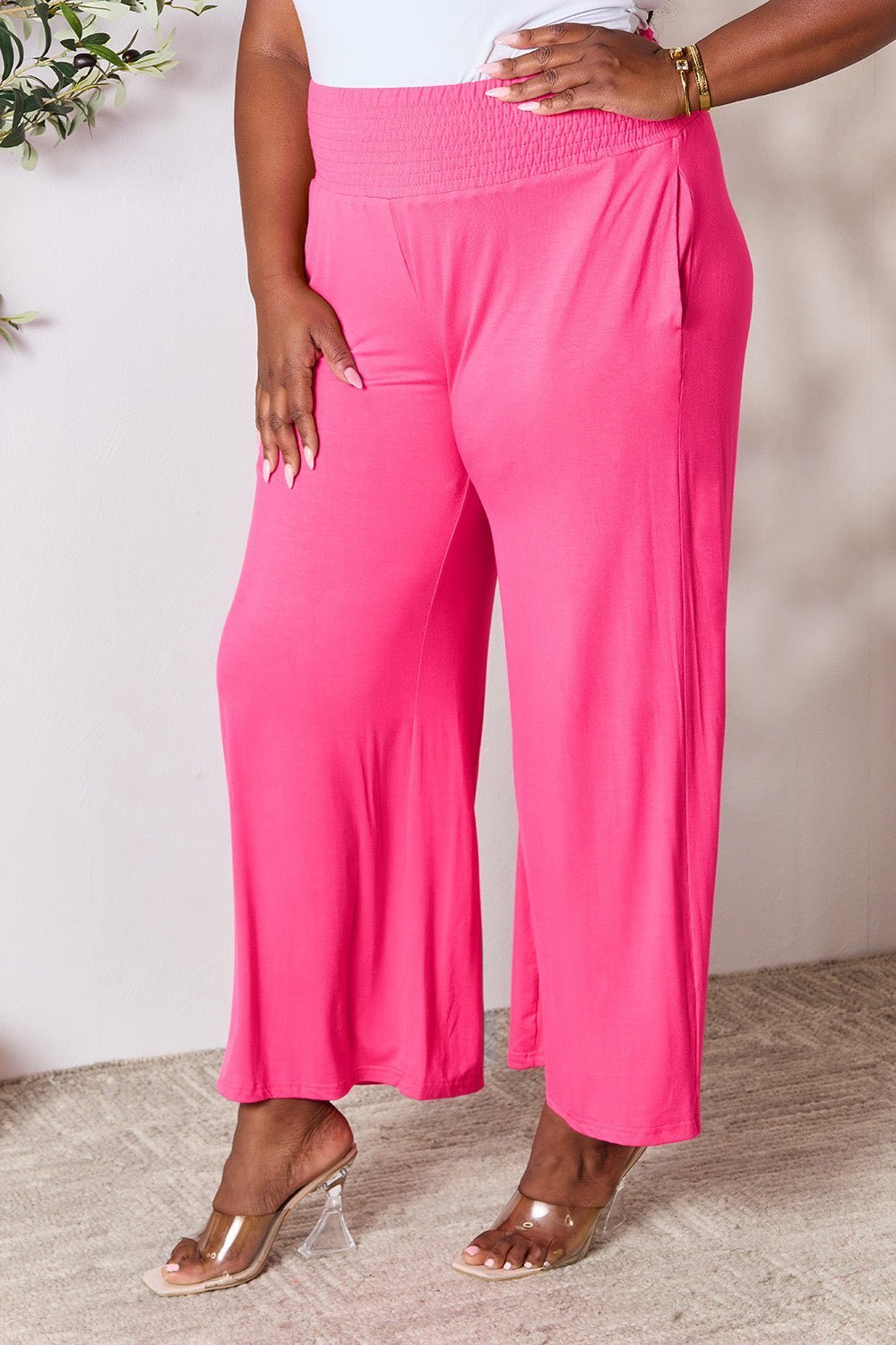 Double Take Full Size Smocked Wide Waistband Wide Leg Pants - Admiresty