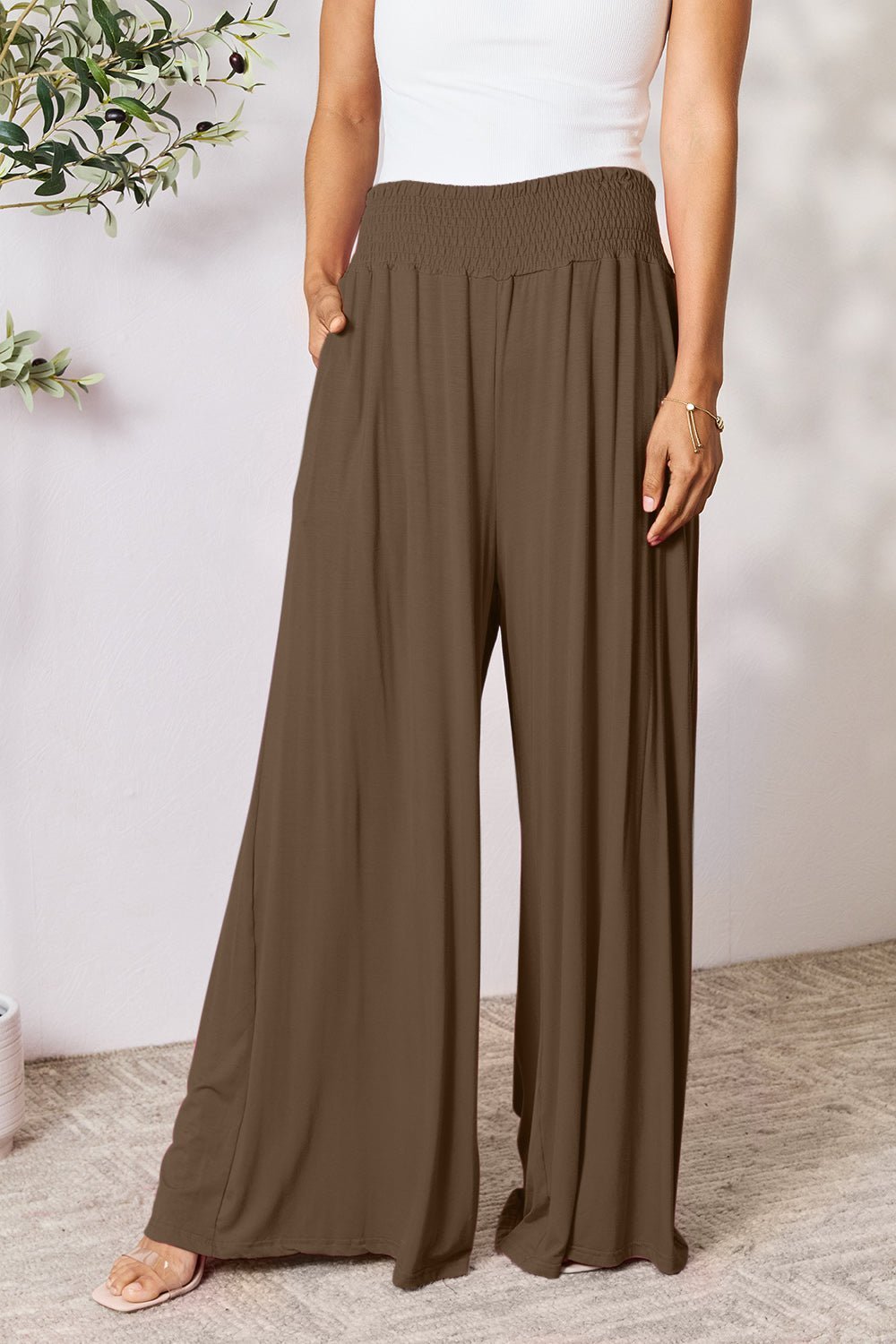 Double Take Full Size Smocked Wide Waistband Wide Leg Pants - Admiresty