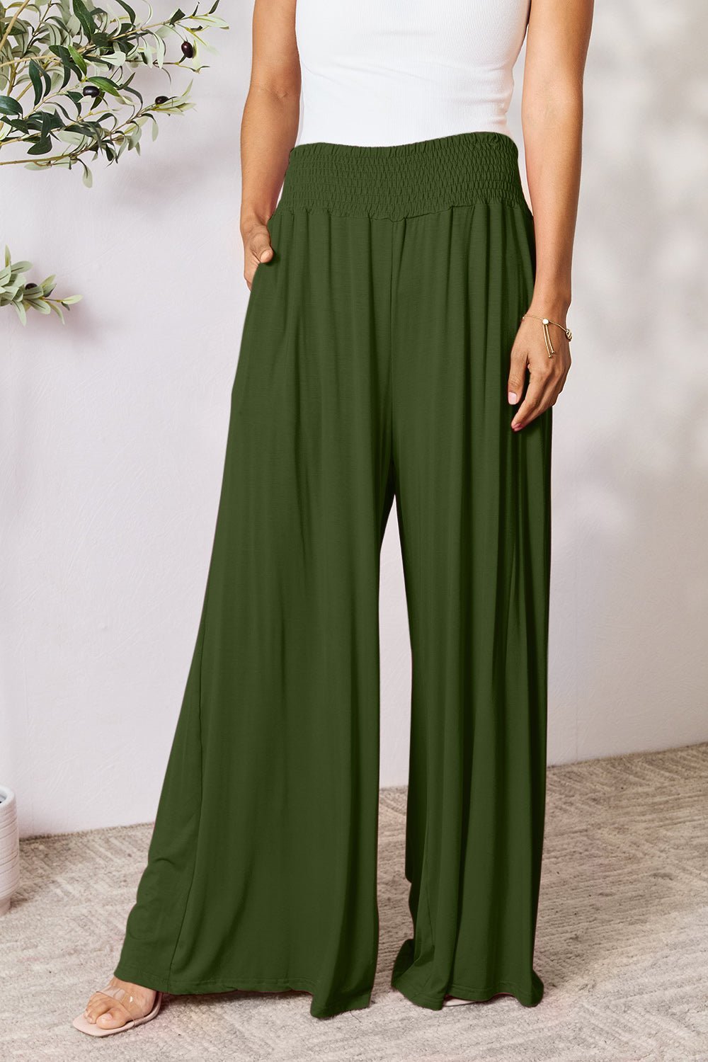 Double Take Full Size Smocked Wide Waistband Wide Leg Pants - Admiresty