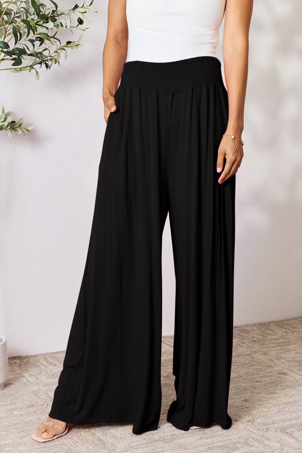 Double Take Full Size Smocked Wide Waistband Wide Leg Pants - Admiresty