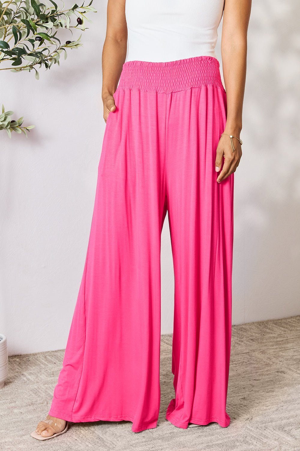 Double Take Full Size Smocked Wide Waistband Wide Leg Pants - Admiresty