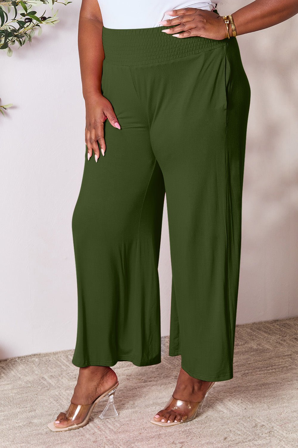 Double Take Full Size Smocked Wide Waistband Wide Leg Pants - Admiresty