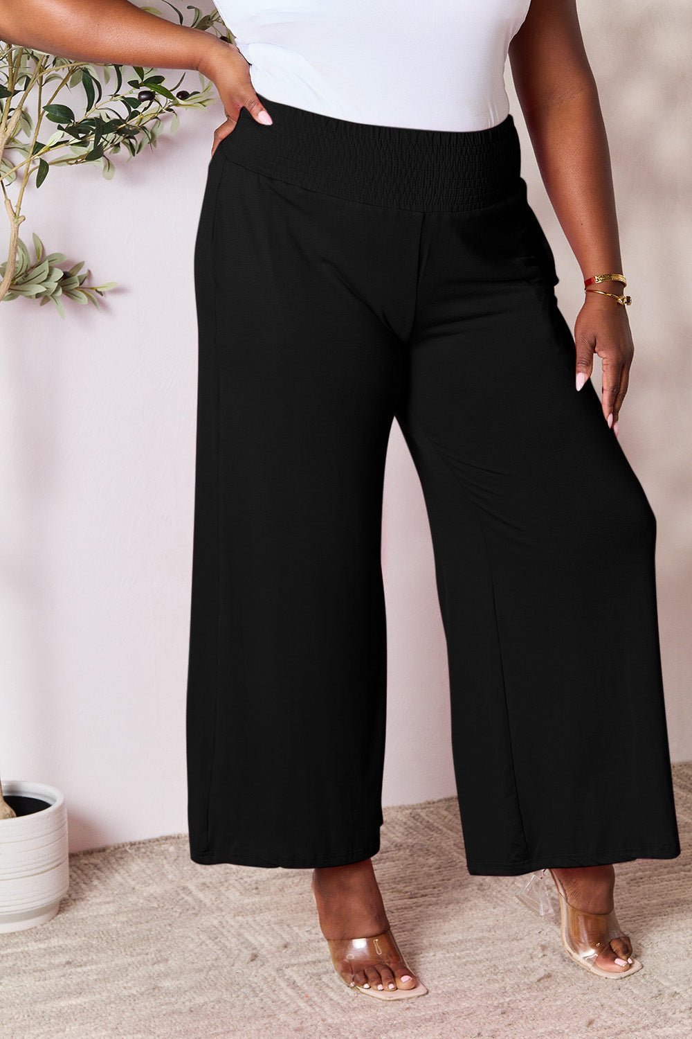 Double Take Full Size Smocked Wide Waistband Wide Leg Pants - Admiresty