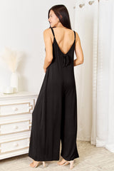 Double Take Full Size Soft Rayon Spaghetti Strap Tied Wide Leg Jumpsuit - Admiresty