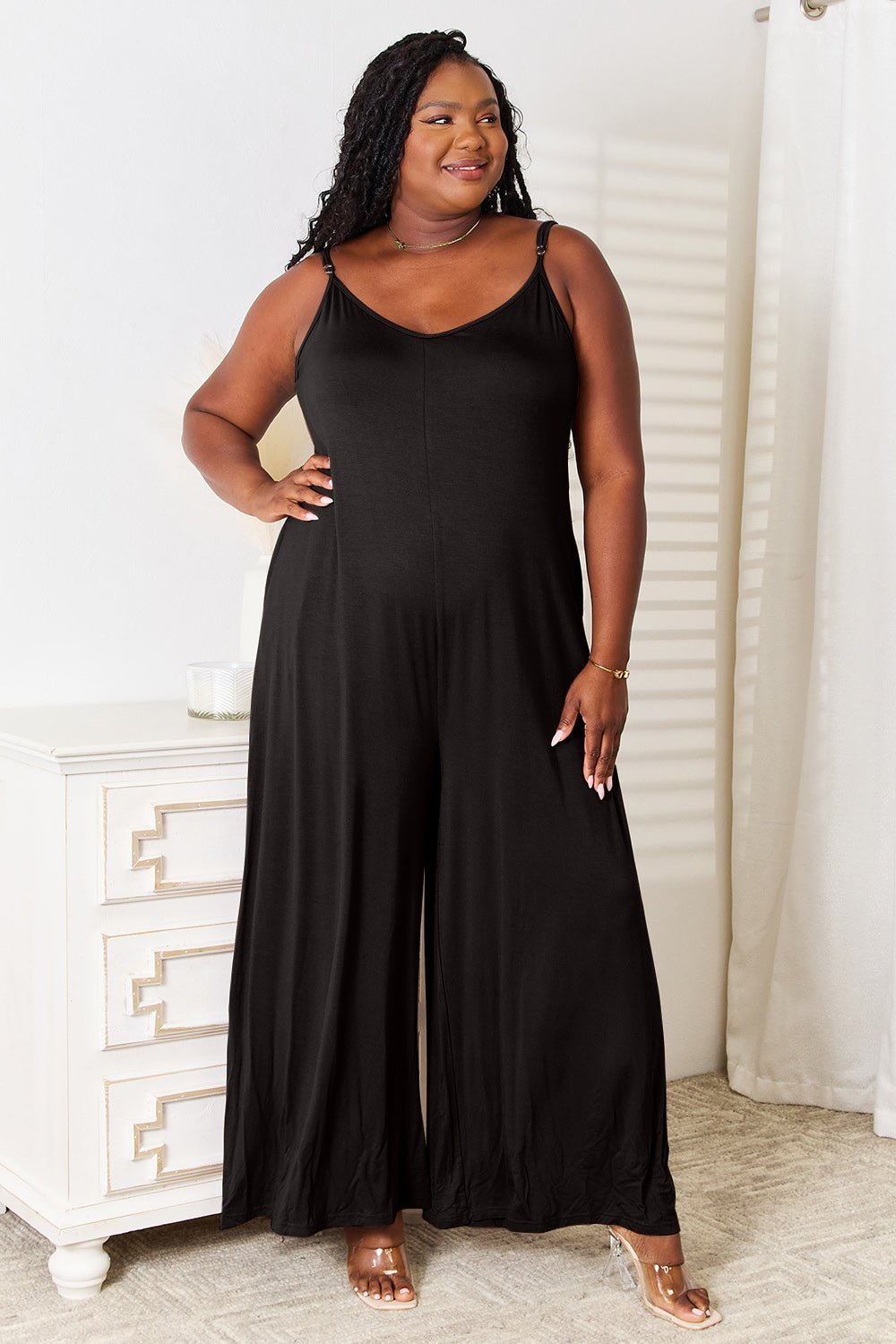 Double Take Full Size Soft Rayon Spaghetti Strap Tied Wide Leg Jumpsuit - Admiresty