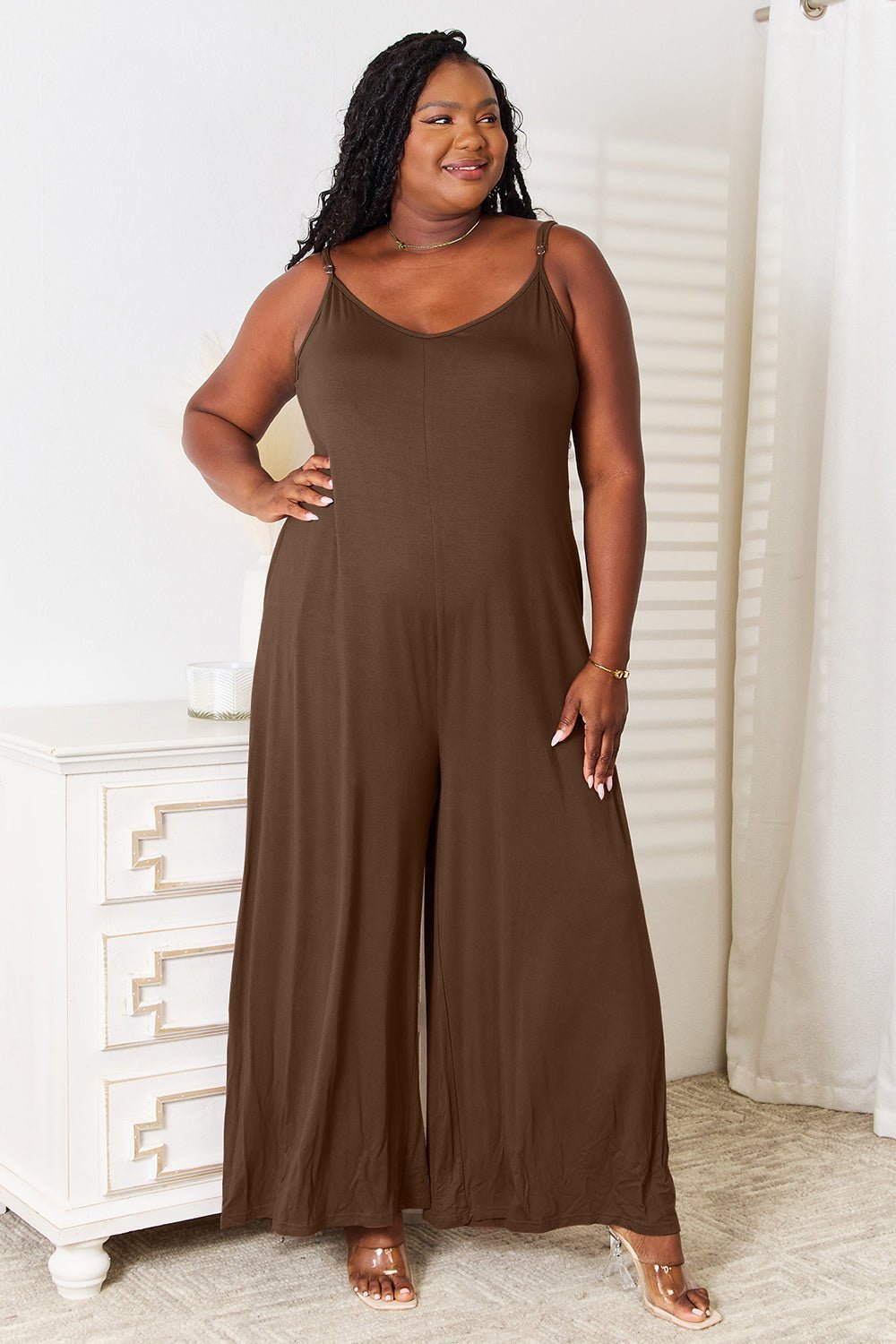 Double Take Full Size Soft Rayon Spaghetti Strap Tied Wide Leg Jumpsuit - Admiresty