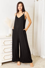 Double Take Full Size Soft Rayon Spaghetti Strap Tied Wide Leg Jumpsuit - Admiresty