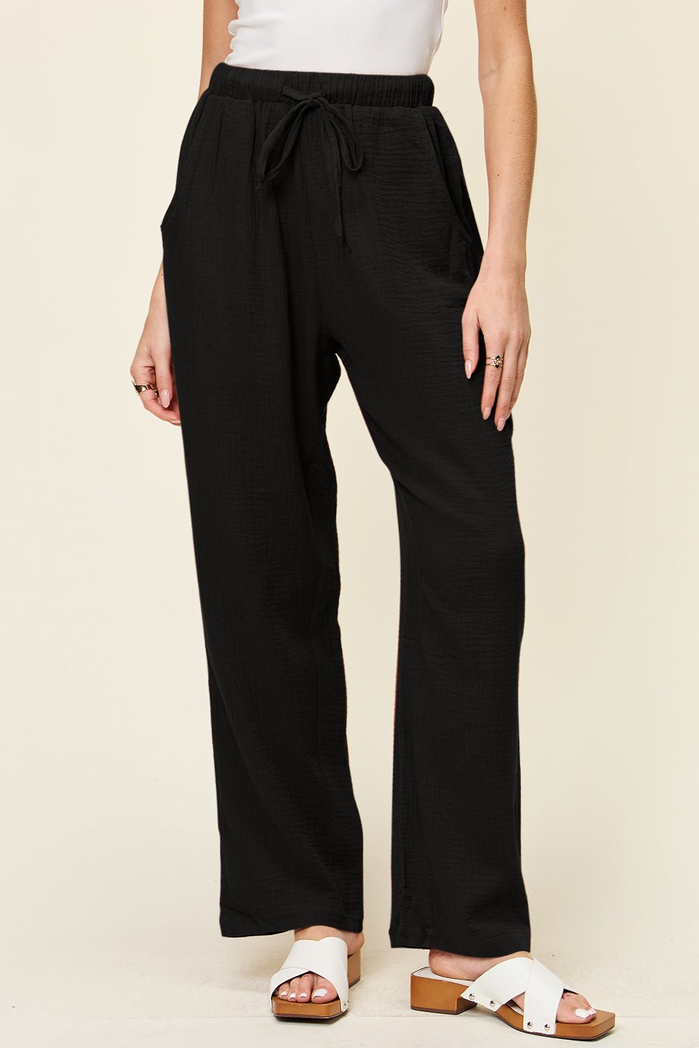 Double Take Full Size Texture Drawstring Straight Pants - Admiresty