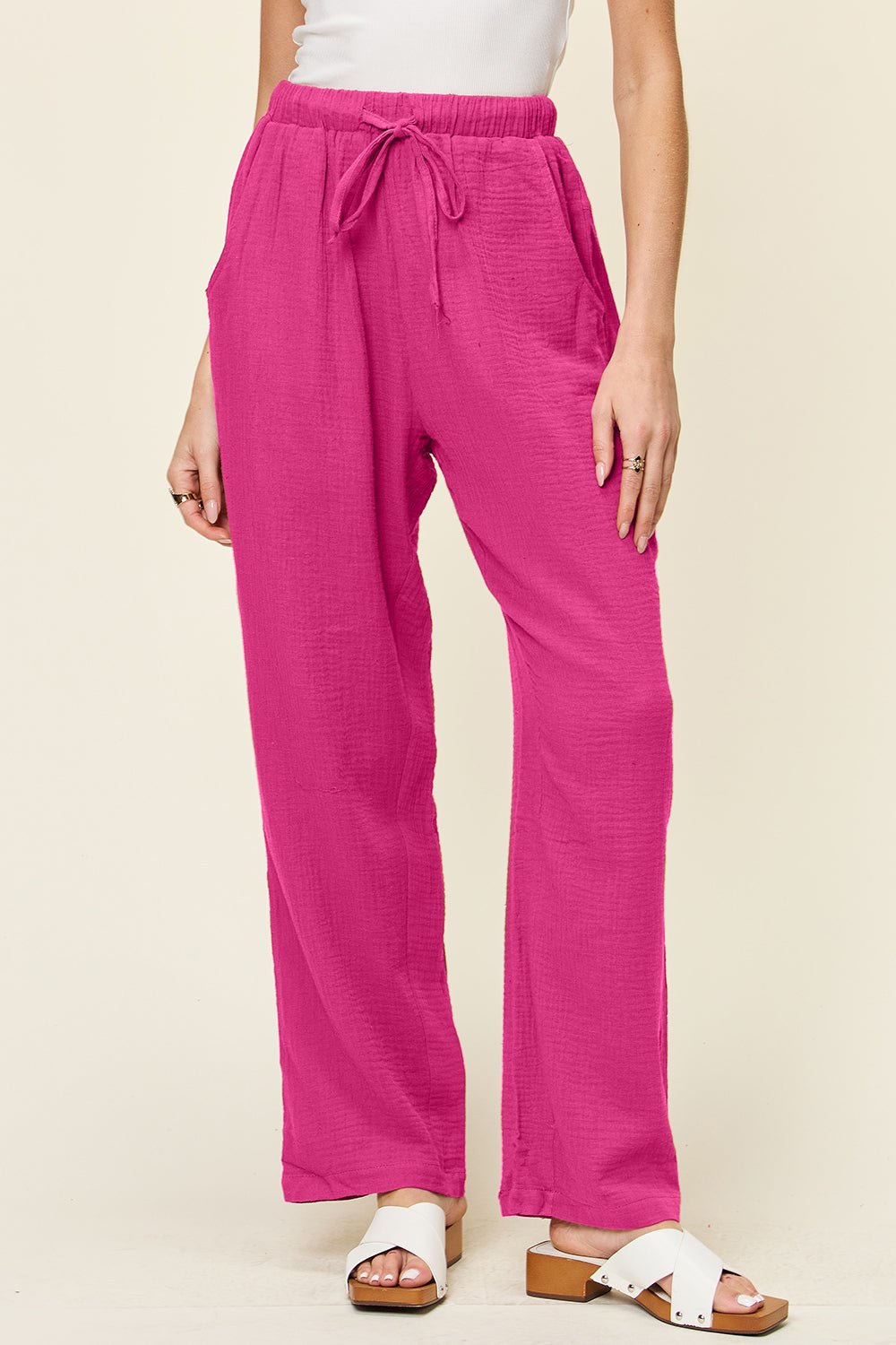 Double Take Full Size Texture Drawstring Straight Pants - Admiresty