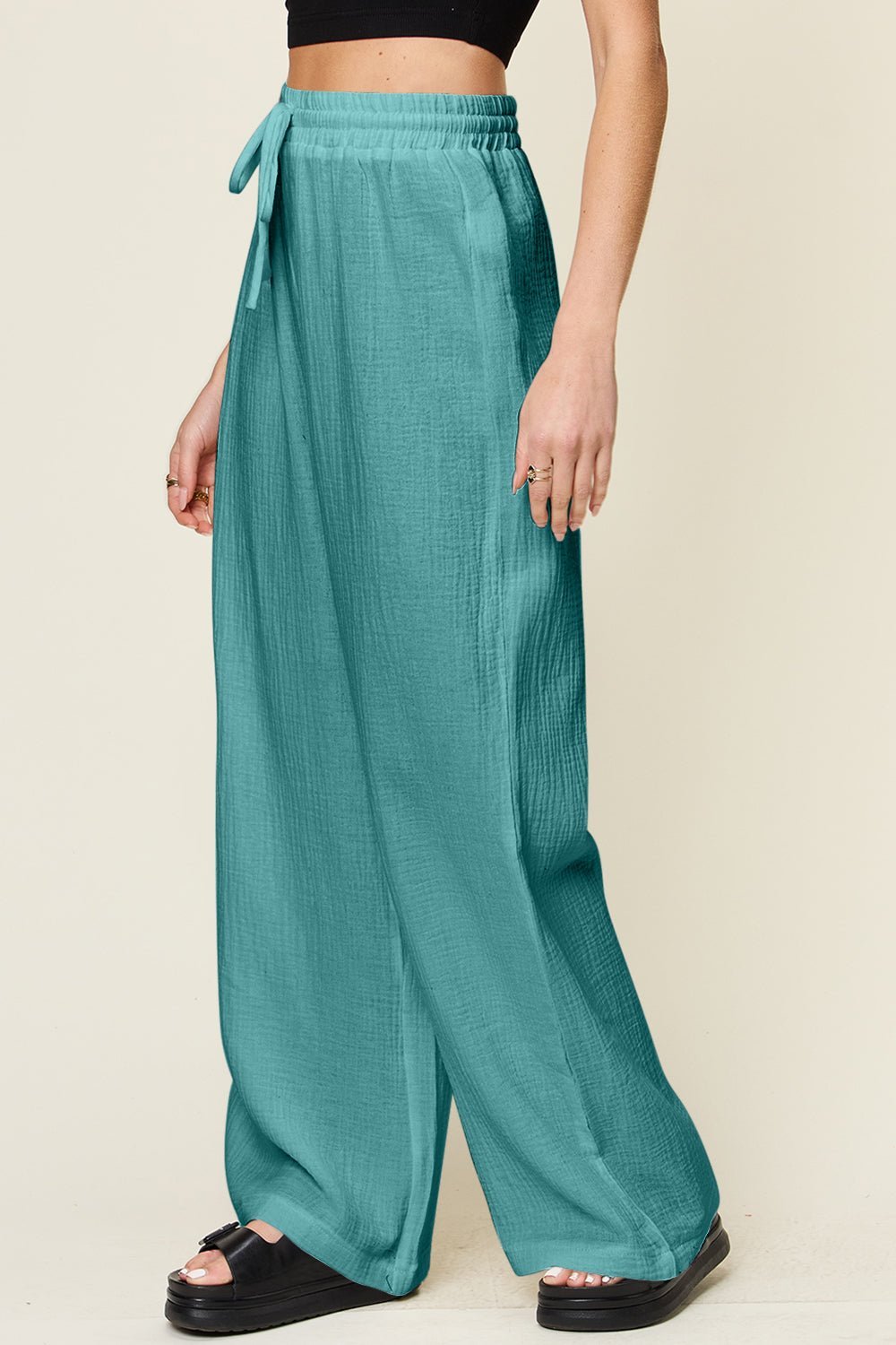 Double Take Full Size Texture Drawstring Wide Leg Pants - Admiresty