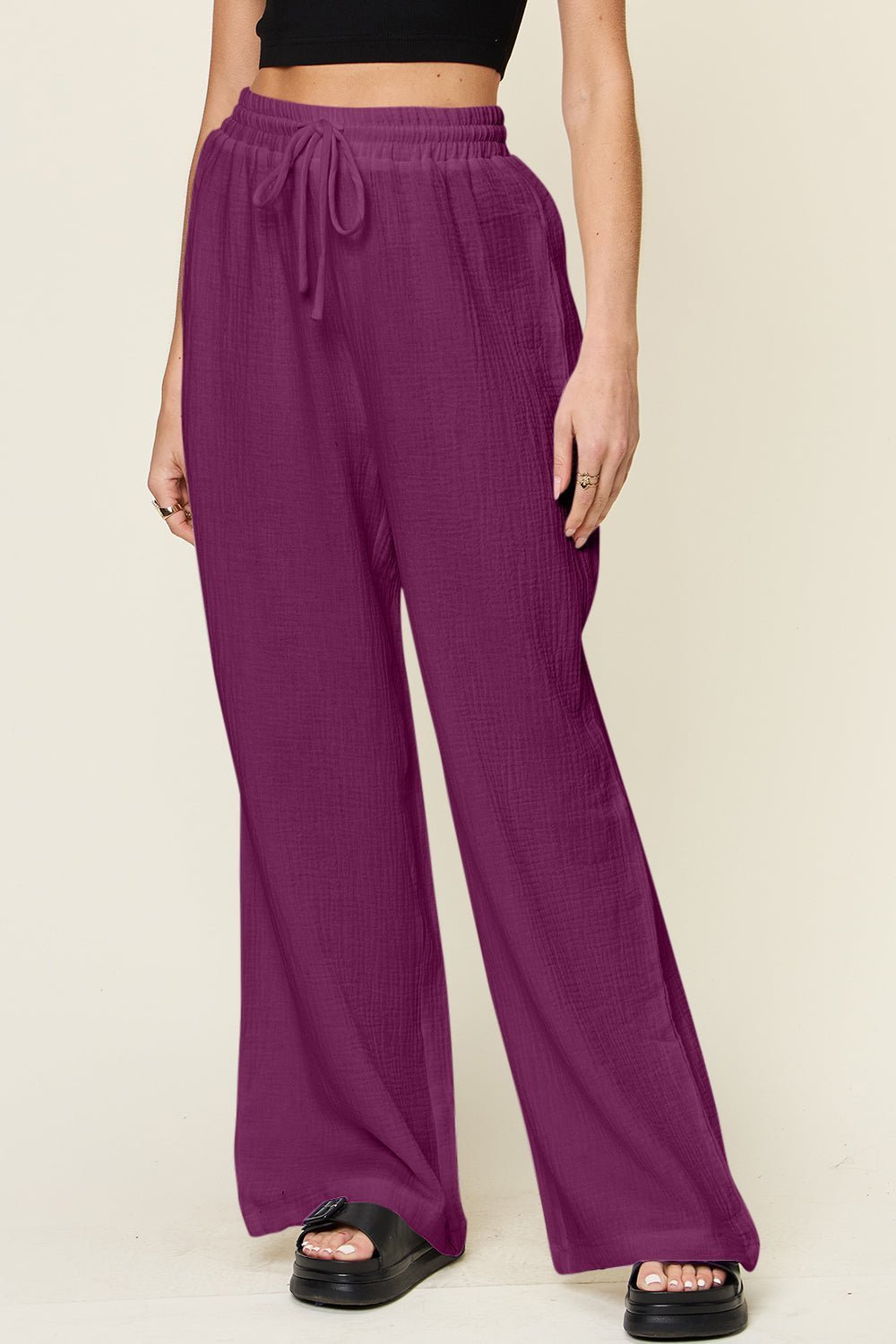 Double Take Full Size Texture Drawstring Wide Leg Pants - Admiresty