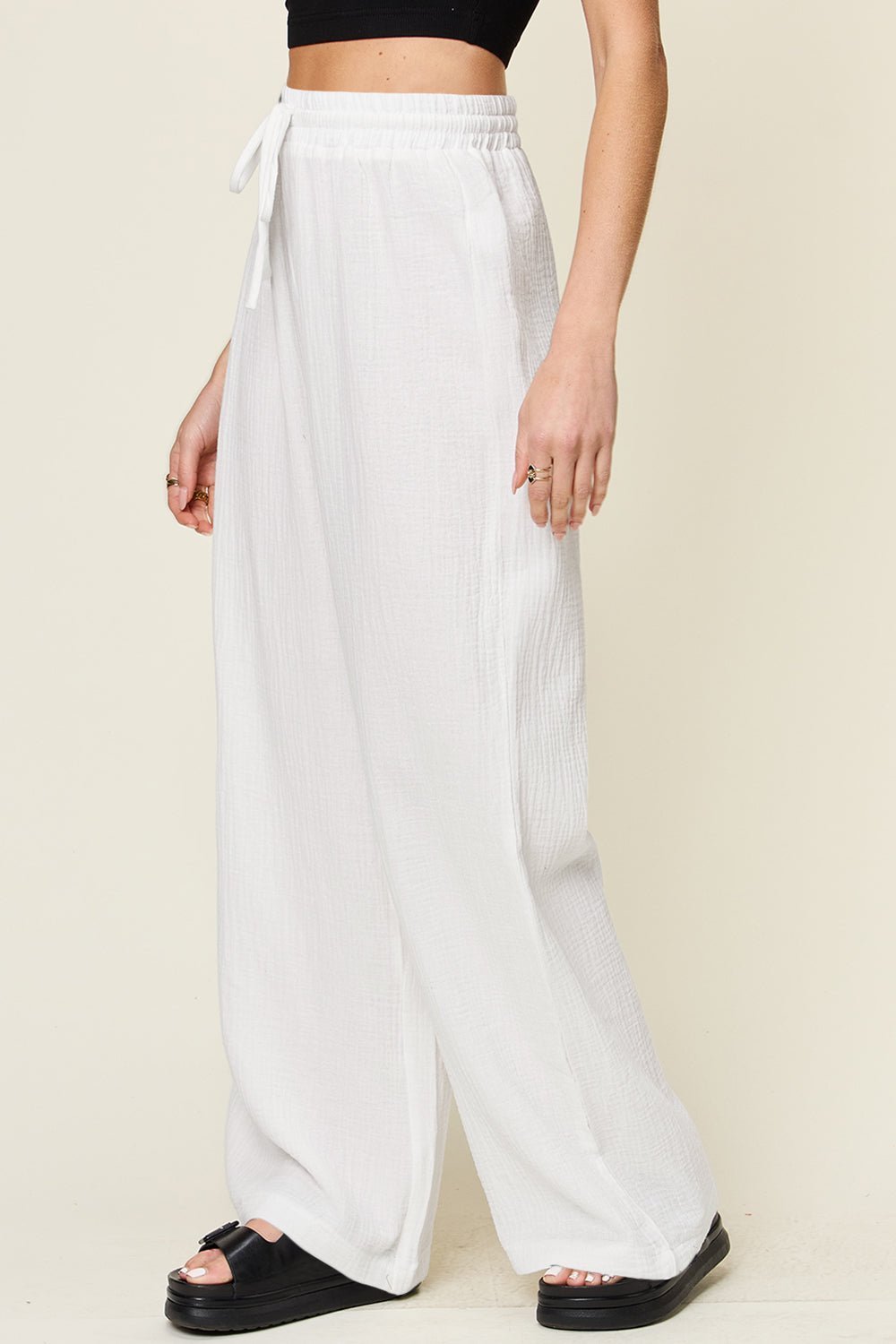 Double Take Full Size Texture Drawstring Wide Leg Pants - Admiresty