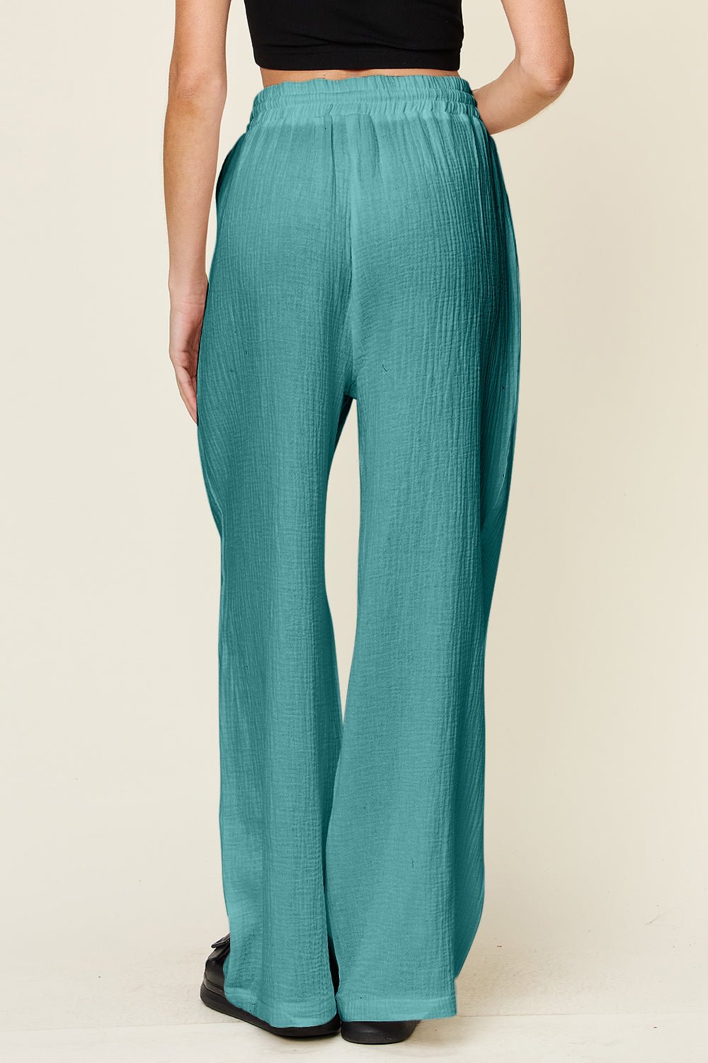 Double Take Full Size Texture Drawstring Wide Leg Pants - Admiresty