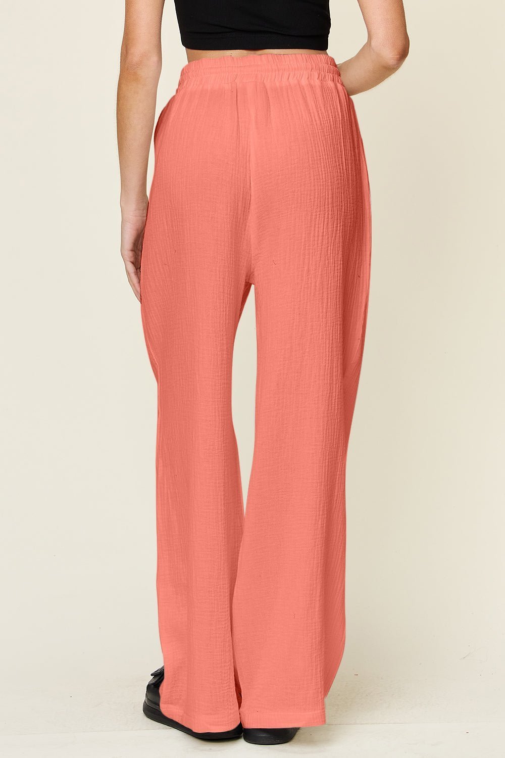 Double Take Full Size Texture Drawstring Wide Leg Pants - Admiresty