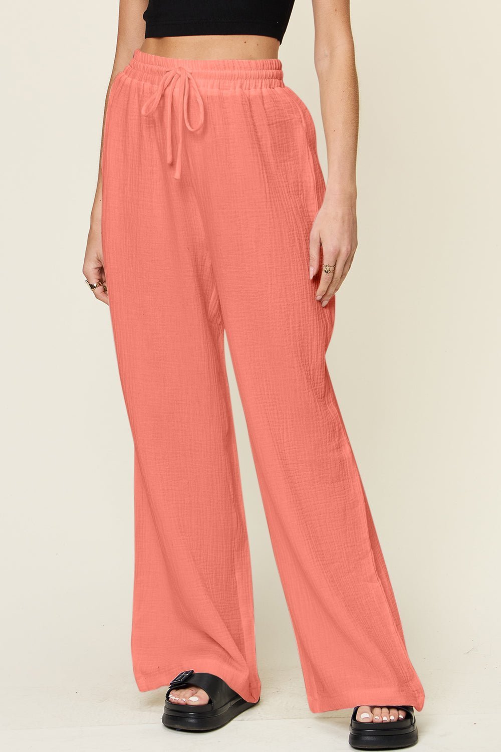 Double Take Full Size Texture Drawstring Wide Leg Pants - Admiresty