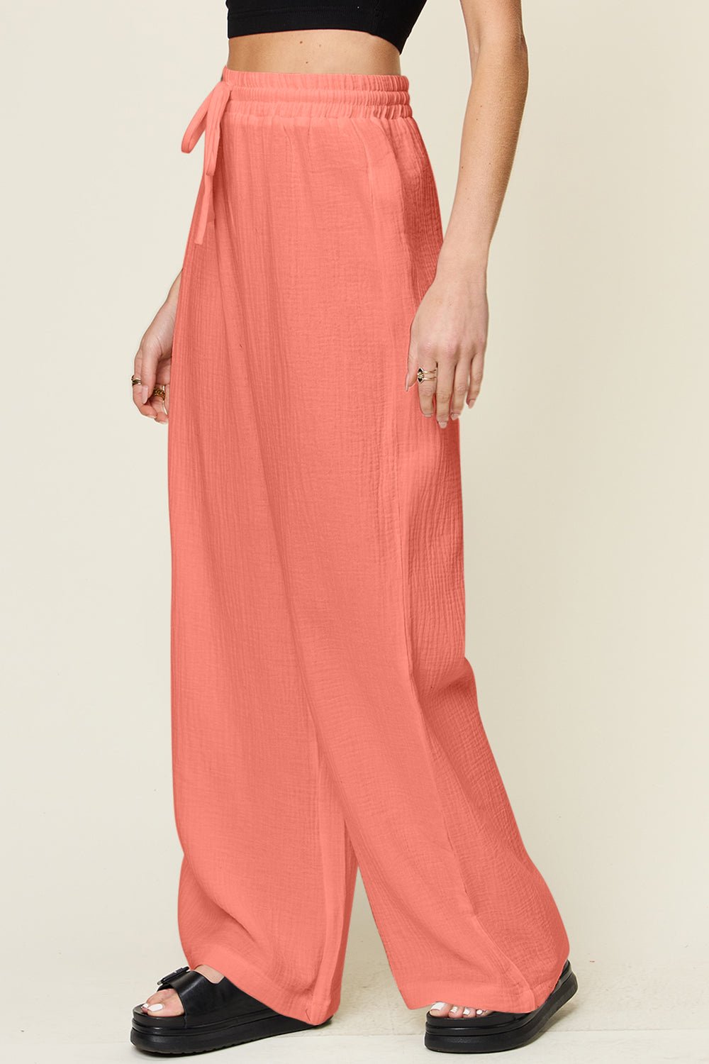 Double Take Full Size Texture Drawstring Wide Leg Pants - Admiresty