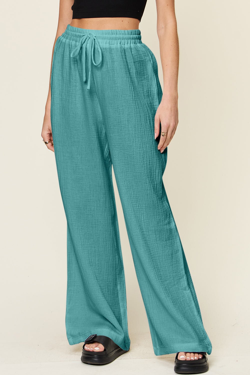 Double Take Full Size Texture Drawstring Wide Leg Pants - Admiresty