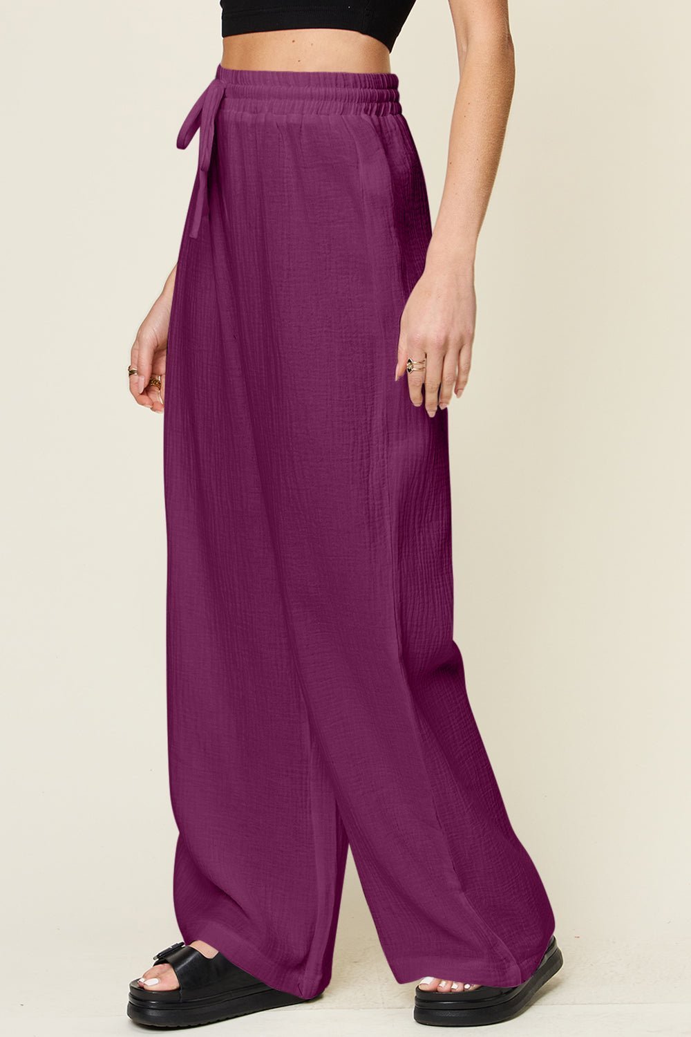 Double Take Full Size Texture Drawstring Wide Leg Pants - Admiresty